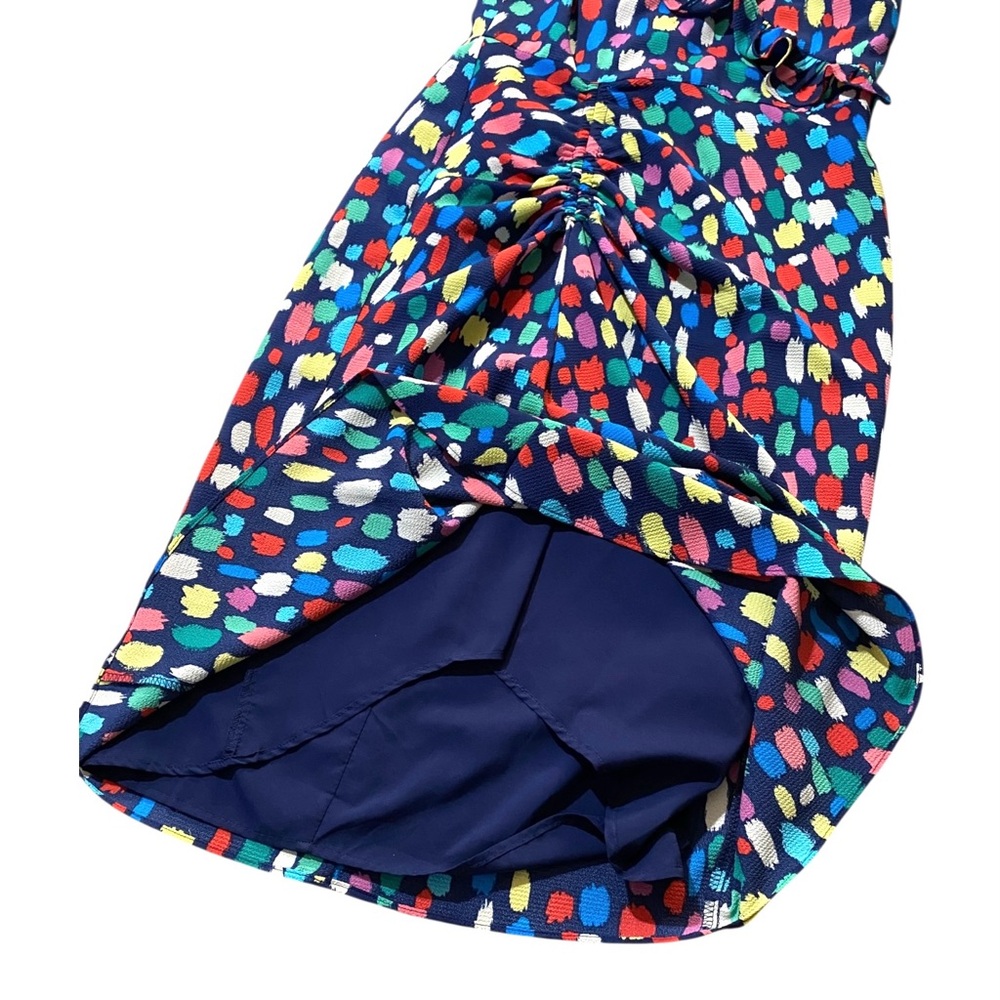 Maggy London Colorful Print Midi Dress 6 Ruched Ruffle V Neck Artsy Cocktail - Picture 12 of 15
